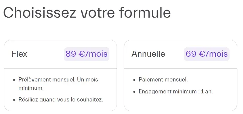 Écran « Choisissez votre formule » du parcours d'inscription Dance : Flex à 89 € par mois, un mois minimum et résiliable quand on veut ; Annuelle à 69 € par mois, avec un engagement minimum d'un an